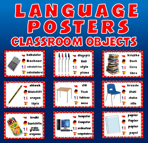 CLASSROOM OBJECTS / STATIONARY LANGUAGE POSTERS- SPANISH FRENCH POLISH GERMAN