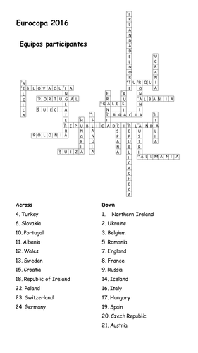 EURO 2016 - COUNTRIES WORDSEARCH AND CROSSWORD
