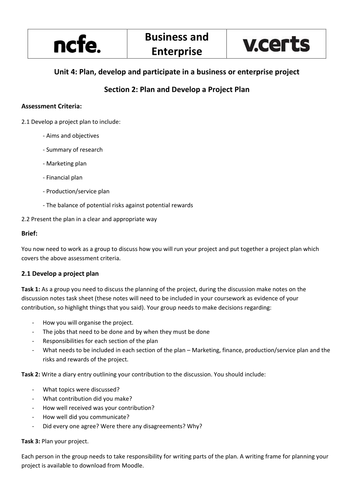 NCFE V-Cert Business Enterprise Unit 4 Tasks, worksheets and assessment forms