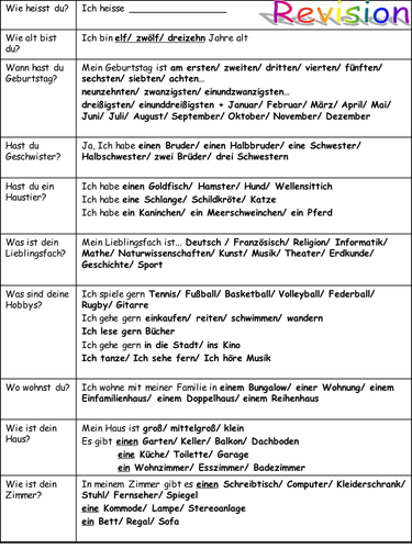 revision worksheet year 7 german by mflteacher1 teaching resources