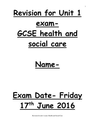 AQA Health and social Care revision booklet unit 1- exam
