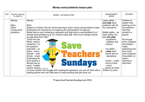 Money Word Problems KS2 Worksheets, Lesson Plans and Model Worksheet