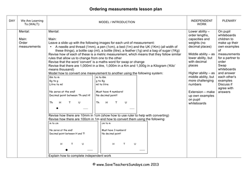 Ordering Measurement KS2 Worksheets, Lesson Plans, PowerPoint and How to Model Worksheet