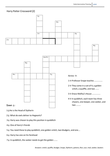 Harry Potter Crossword 2 Lower Level 1 Writing Teaching Resources
