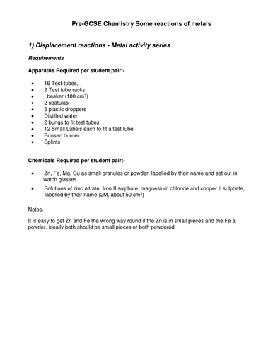 Pre GCSE Chemistry some reactions of metals