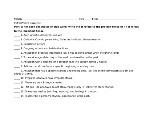 Preterit imperfect test spanish
