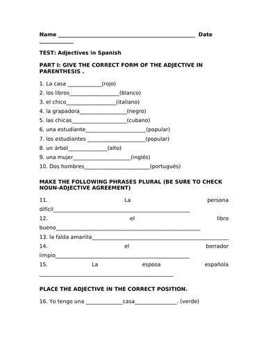 Adjective test (Spanish)