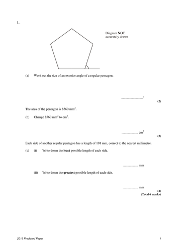 2016 Edexcel Maths Calculator "Predicted" Higher Tier Paper 