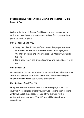 A preparation sheet for 'A' level Drama and Theatre