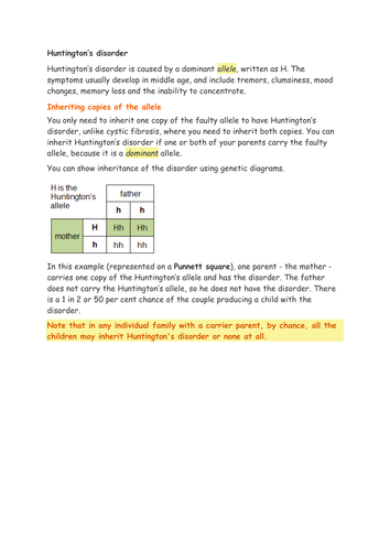 Genetic screening Huntington's and Cystic fibrosis GCSE lessons OUTSTANDING