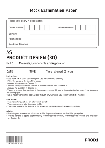 AQA AS Level 3D Product Design Mock Paper