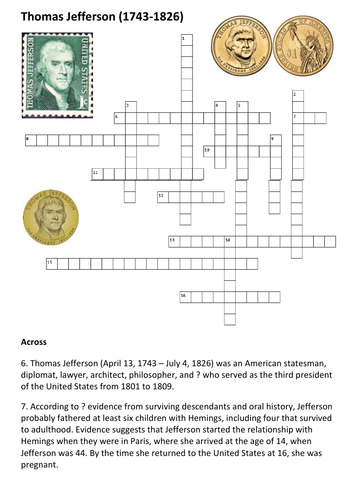 Thomas Jefferson Crossword Teaching Resources