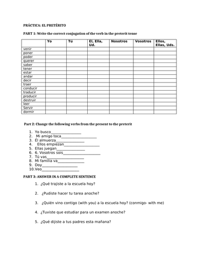 Irregular Preterite Spanish Worksheet Teaching Resources