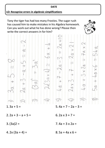 Recognise errors in algebraic simplifications simple worksheet