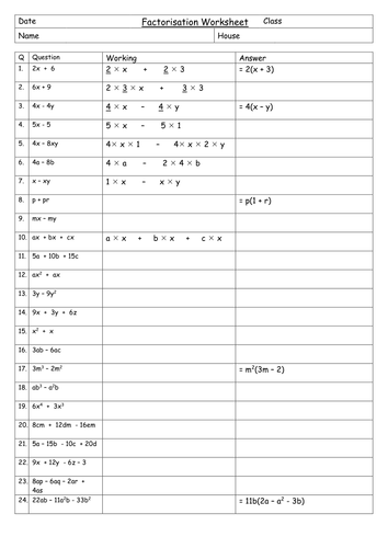 Factorisation of Algebraic Expressions Structured Scaffolded Worksheet with Answers