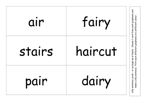 air phonics worksheet /are/ cards by sentence /air/ silly /ear/ family