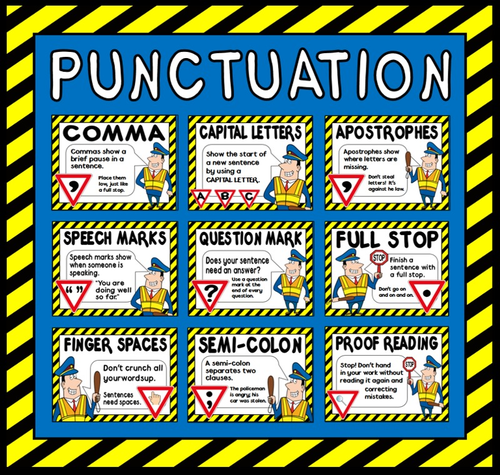 PUNCTUATION POSTERS A4 LITERACY ENGLISH Teaching resources display (POLICE THEME)