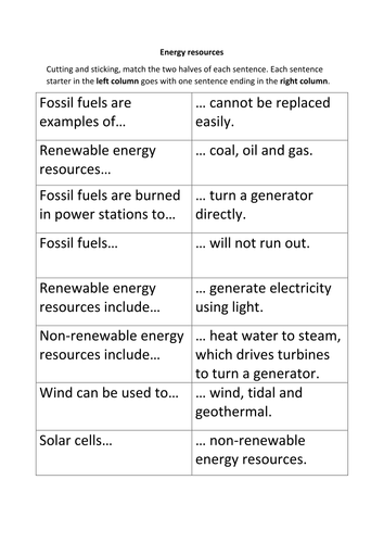 Energy resources - making sentences