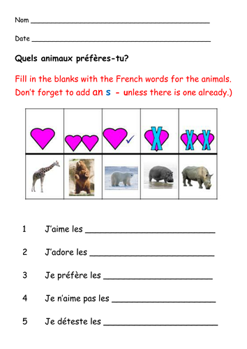 French zoo animals + preferences sheet
