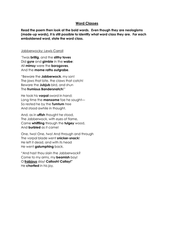 The Jabberwocky: Word Classes Revision