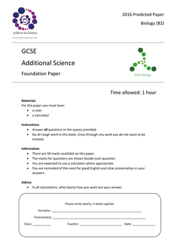 Prediction GCSE Additional Biology, Chemistry & Physics - FOUNDATION - 2016