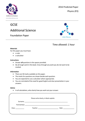 Prediction Paper - GCSE Additional Physics - Foundation - 2016