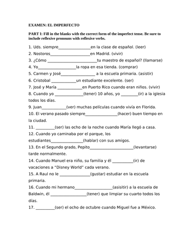 imperfect test spanish