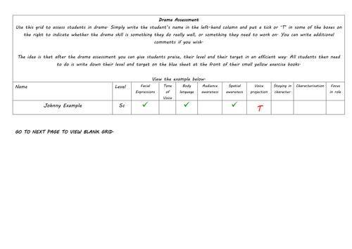 KS3 English S & L Drama Assessment Grid - Easy, Quick Way of Assessing Students and Setting Targets