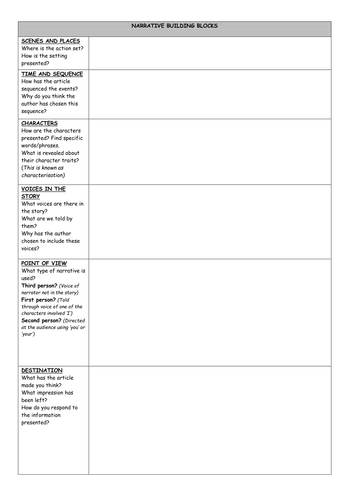 AS / A2 Narrative Building Blocks Grid -  Grid to Summarise Narrative Elements of any given Text
