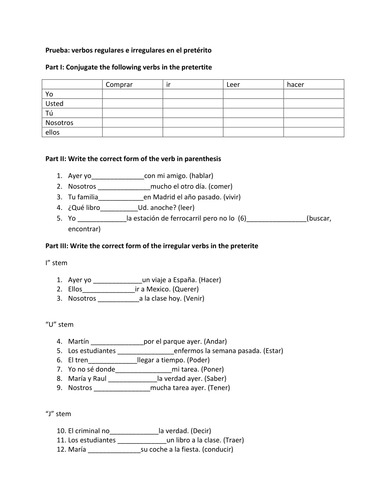 regular and irregular preterite quiz 