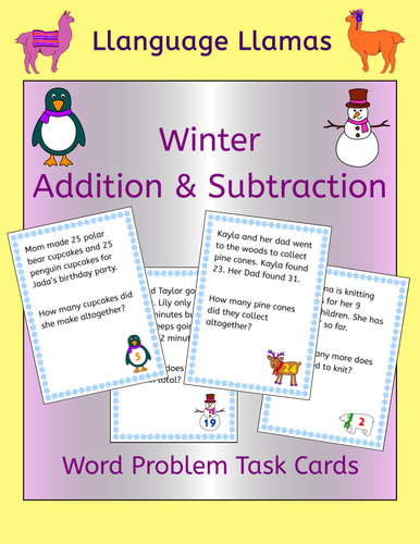 Winter Addition and Subtraction Word Problem Task Cards