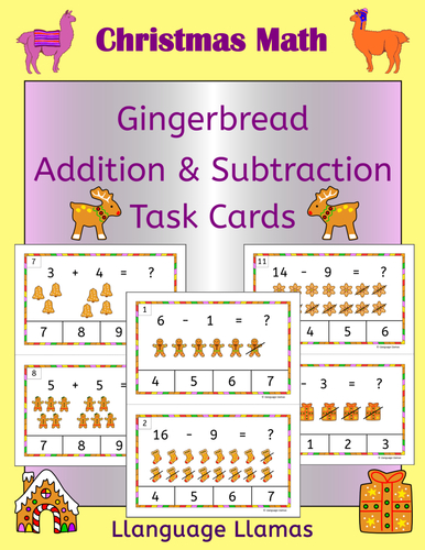 Addition and Subtraction Task Cards for Math Center - Christmas Gingerbread Theme