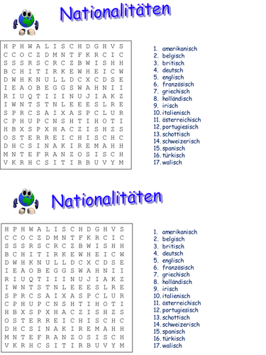 Nationalities; crossword, wordsearch and summary presentation