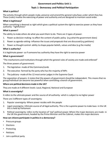 Edexcel AS Government and Politics- Democracy and Political Participation revision 