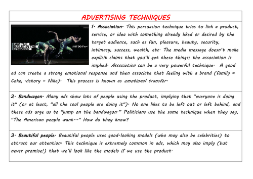 KS3 English - Advertising Techniques - A List of Persuasive Devices used to Influence in the Media
