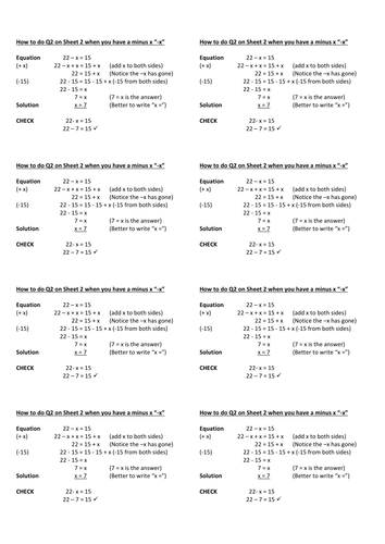 Solving Linear Equations Progressive Milestone Worksheet Bundle Help sheet Worked Examples