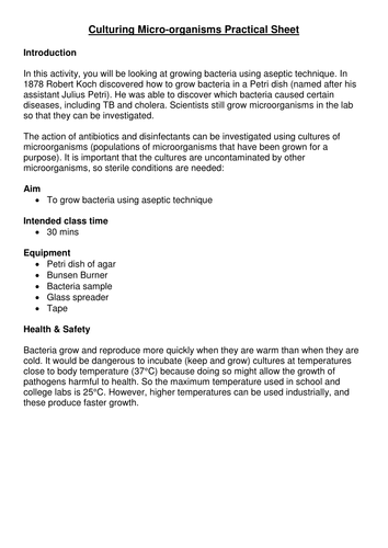 Growing Microbes practical sheet