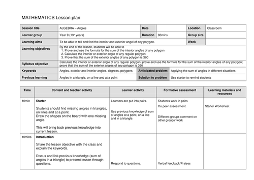 Lesson Plan - Interior and Exterior Angles