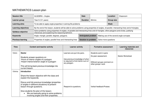 Lesson Plan - Properties of Angles, Parallel Lines, Triangles