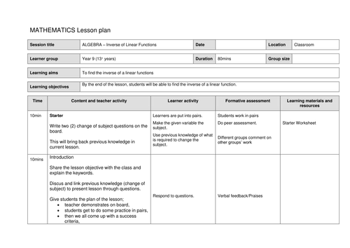 Lesson Plan - Inverse Functions