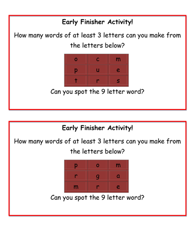 Early Finisher Maths and Language Activity Cards
