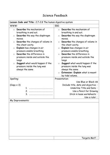 NEW KS3 YEAR 7 EATING, DRINKING AND BREATHING TRACKING, FEEDBACK AND HOME LEARNING SHEETS
