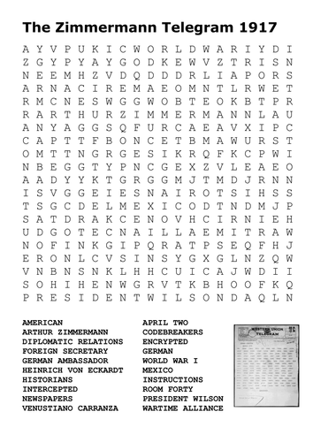 The Zimmermann Telegram 1917 Word Search