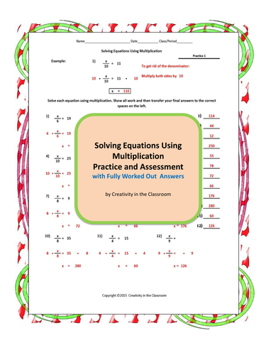 Solving Equations by Multiplication Practice and Assessment