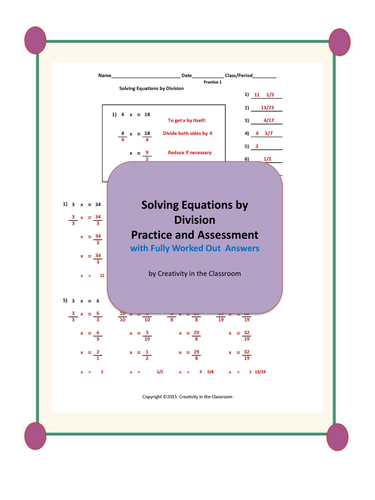 Solving Equations by Division Practice and Assessment