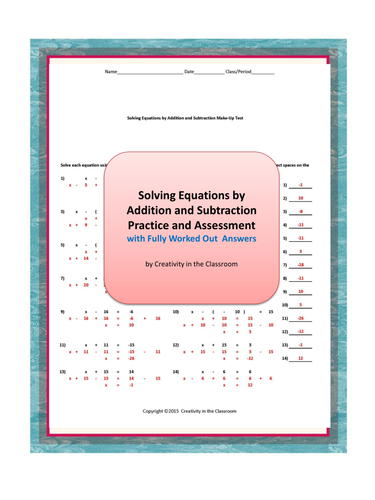 Solving Equations by Addition and Subtraction Practice and Assessment