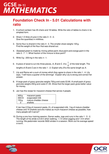 OCR Maths: Foundation GCSE - Check In Test 5.01 Calculations with ratio