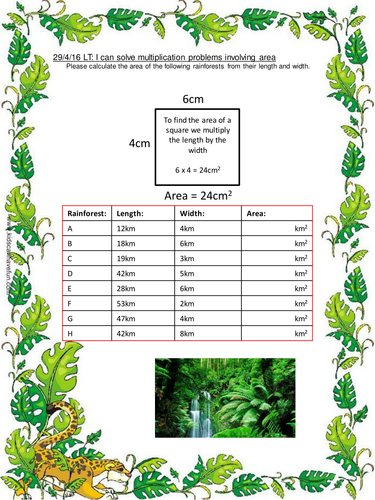 Area of the Rainforest multiplication worksheets 