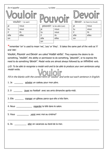 FRENCH - MODAL VERBS - VOULOIR-POUVOIR-DEVOIR - WORKSHEETS