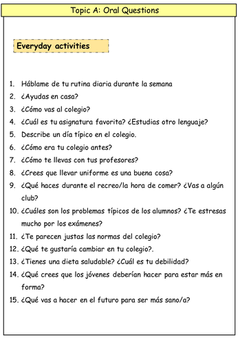 GCSE CIE Spanish Oral Questions All Topics